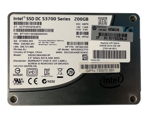Серверный SSD HP Intel 200 ГБ DC S3700 2.5 SFF SSDSC2BA200G3P для HPE G8 G10 G7 G9 MK0200GCTYV 692165-001